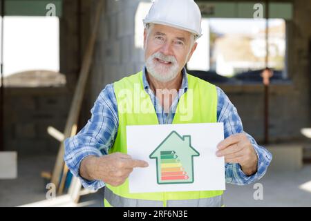 senior craftsman holding an electricity chart Stock Photo