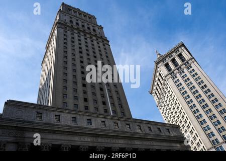 View of Foley Square, a street intersection in the Civic Center of Lower Manhattan, New York City, featuring Thomas Paine Park Stock Photo