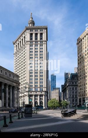 View of Foley Square, a street intersection in the Civic Center of Lower Manhattan, New York City, featuring Thomas Paine Park Stock Photo