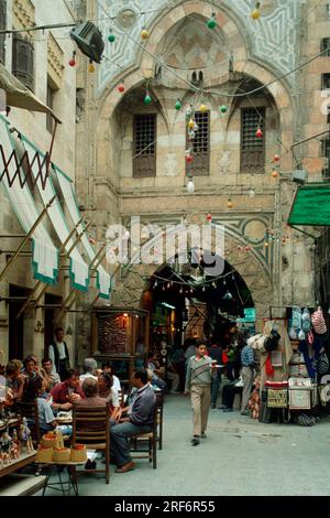 Guests at the street cafe, Khan el Khalili Bazaar, Cairo, Egypt Stock Photo