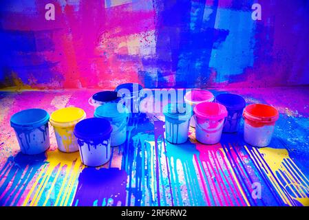 Abstract watercolor splatter color background, colorful paint drops ink splashes grunge card design. Stock Photo