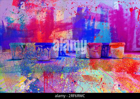 Abstract splatter color background, colorful paint drops ink splashes grunge card design. Stock Photo