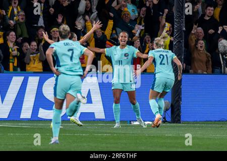 Melbourne, Australia. 31st July, 2023. Australia celebrating during the FIFA Women's World Cup 2023 match between Canada Women and Australia Women at Melbourne Rectangular Stadium, Melbourne, Australia on 31 July 2023. Photo by Richard Nicholson. Editorial use only, license required for commercial use. No use in betting, games or a single club/league/player publications. Credit: UK Sports Pics Ltd/Alamy Live News Stock Photo