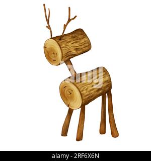 Wooden deer toy figurine digital illustration watercolor style isolated on white. Reindeer Christmas symbol, wooden toy hand drawn. Element for design Stock Photo