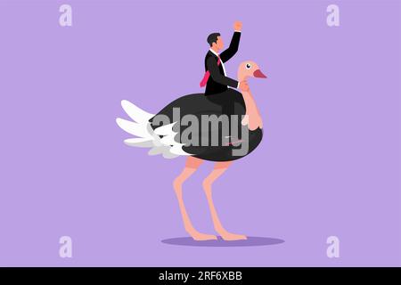 Cartoon flat style drawing businessman riding ostrich symbol of success. Business metaphor, looking at the goal, achievement, leadership. Professional Stock Photo