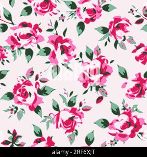 Seamless watercolor floral pattern - pink blush flowers elements, green leaves branches on dark black background; for wrappers, wallpapers, postcards, Stock Vector