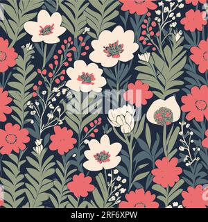 Seamless watercolor floral pattern - pink blush flowers elements, green leaves branches on dark black background; for wrappers, wallpapers, postcards, Stock Vector