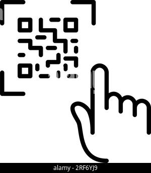 Finger tapping on QR code. Accessing website or goods through a link or payment with electronic wallet. Pixel perfect Stock Vector