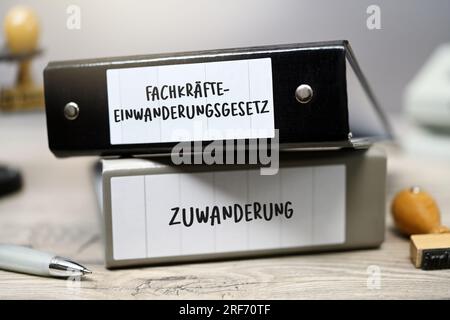 FOTOMONTAGE, Zwei Ordner mit Aufschrift Fachkräfteeinwanderungsgesetz und Aufschrift Zuwanderung Stock Photo