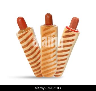 Set of yummy French hot dogs with grilled buns and different sauces isolated on white Stock Photo