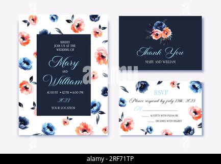 Watercolor Navy blue floral wedding invitation cards template Stock ...