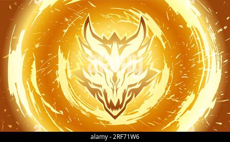Fiery yellow background background with dragon head, flames and sparks. Vector image of a golden fiery dragon. Symbol of the Chinese New Year. Stock Vector