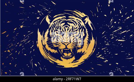Blue background with golden particles and the head of a roaring golden tiger. Vector image on a black background with a grunge texture. Stock Vector