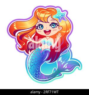Little mermaid with red hair laughs. Cute little mermaid for design on a white background. Vector illustration. Stock Vector
