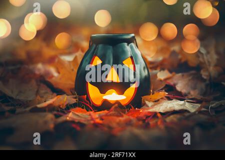 Halloween-Deko-Kürbis und Herbstlaub in der Dämmerung Stock Photo