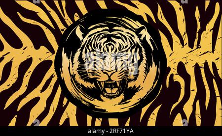 Black background with striped tiger skin and head of a snarling golden tiger. Vector image on a black background with a grunge texture. Stock Vector