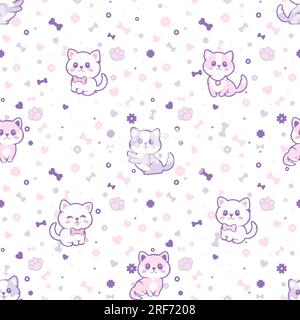 Seamless pattern with funny cute dogs, paws, hearts, flowers and bones. The pattern is separated from the background. Stock Vector