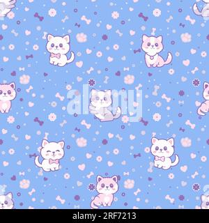Seamless pattern with funny cute dogs, paws, hearts, flowers and bones. The pattern is separated from the background. Stock Vector