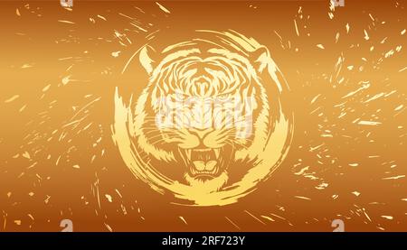 Blue background with golden particles and the head of a roaring golden tiger. Vector image on a black background with a grunge texture. Stock Vector