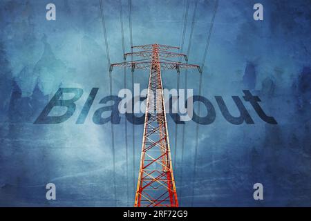 FOTOMONTAGE, Roter Hochspannungsmast und Schriftzug Blackout Stock Photo