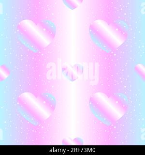 Rainbow seamless pattern with stars and hearts on a holographic pink and blue background.  Vector image. Stock Vector