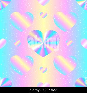 Rainbow seamless pattern with stars and hearts on a holographic background.  Vector image. Stock Vector