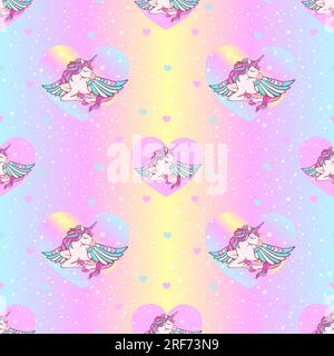 Rainbow seamless pattern with unicorns, and hearts on a holographic background. Vector image. Stock Vector