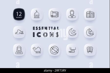 Religion line icon. Islam, hijab, prayer, carpet, mosque, moon, quran camel halal Neomorphism style Vector line icon Stock Vector