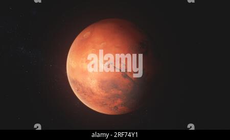 Realistic 3D animation of Mars rotating in dark outer space. Stars, galaxies in the background. Solar system planet. Future human colonization and universe exploration concept. Technological advance. Stock Photo