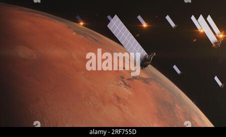 Realistic 3D graphics of Mars spinning in dark outer space. Solar cell and panels orbiting planet. Energy of the sun. Future human colonization and universe exploration concept. Technological advance. Stock Photo