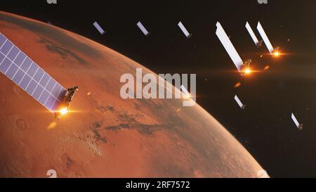 Realistic 3D graphics of Mars spinning in dark outer space. Solar cell and panels orbiting planet. Energy of the sun. Future human colonization and universe exploration concept. Technological advance. Stock Photo