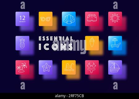 Vacation line icon. Sailboat, ship, beach, starfish, ladder, pool water Glassmorphism style Vector line icon Stock Vector