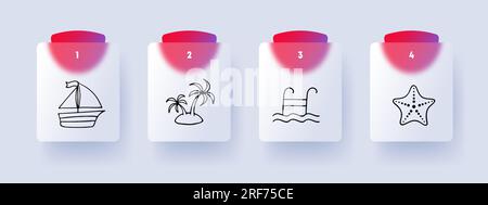 Vacation line icon. Sailboat, ship, beach, starfish, ladder, pool water Glassmorphism style Vector line icon Stock Vector