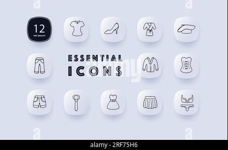 Clothes line icon. Bow, boots, shoes, jacket, outerwear, pajamas baby clothes Neomorphism style Vector line icon Stock Vector