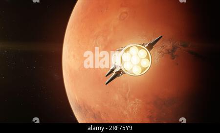 Realistic 3D animation of spaceship flying on Mars in dark outer space. Manned research space mission on red planet. Future human colonization and universe exploration concept. Technological advance. Stock Photo
