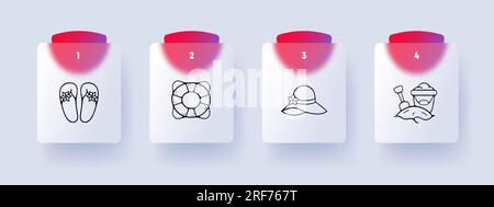 Vacation line icon. Slippers, life buoy, sand, hat, summer, sand castle Glassmorphism style Vector line icon Stock Vector