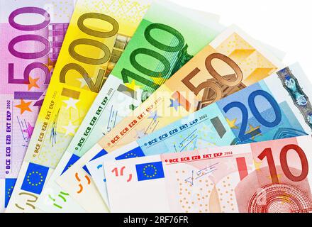 Eurogeld, Banknoten der EU. Ein Fächer aus Eurobanknoten vor weissem Hintergrund isoliert, 10, 20, 50, 100, 200, 500, Stock Photo