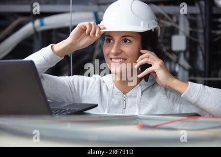 female contractor using laptop in roofspace Stock Photo