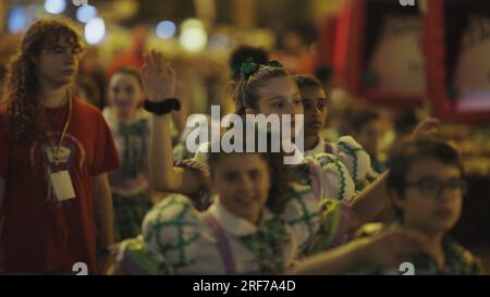12 june 2023 Rua da Liberdade, Lisbon Portugal - Santo Antonio Festival - children in beautiful costumes walk down the street during the parade. Mid s Stock Photo