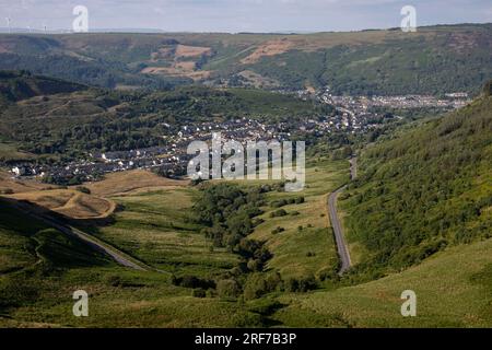 A view from The Bwlch Mountain towards Treorchy on the 22nd June 2023. Stock Photo