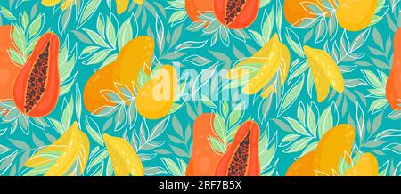 Surface design with food. Vector summer texture with mango, papaya, bananas and lush foliage. Tropical pattern with fruits and leaves on a turquoise Stock Vector
