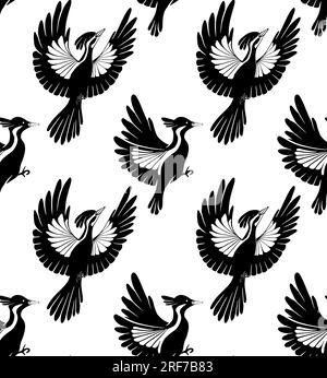 Texture with black stylized bird on white background. Seamless vector pattern of flying woodpeckers silhouettes. Monochrome surface design with ravens Stock Vector