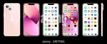 New pink Iphone 14. Apple inc. smartphone with ios 14. Locked screen, phone navigation page, home page with 47 popular apps. Black background. Editori Stock Vector