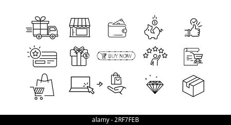 Online store flat line icon set. Vector illustration included symbols. online shopping, contactless delivery, try clothes, size table, label and purch Stock Vector