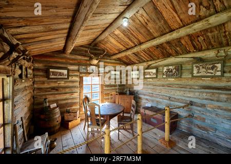 Hole in th wall Cabin, interior shot Old Trail Town, Cody, Wyoming, United States of America Stock Photo