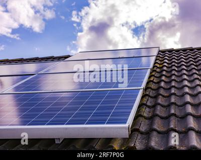 Photovoltaic modules for power generation on a house roof with moss and lichen on the roof tiles, Germany Stock Photo