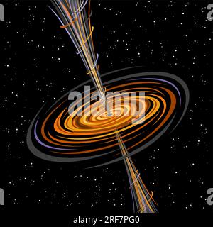 Vector illustration of Black Hole, square astronomical poster with fantasy print with hot rotating orange gas clouds and line art cosmo jets from supe Stock Vector