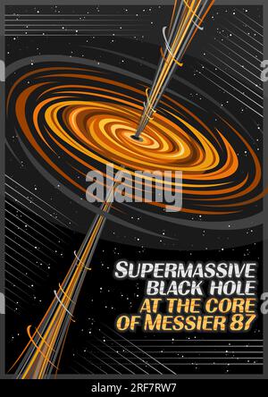 Vector Poster for Black Hole, vertical banner with illustration of hot rotate orange gas clouds and line art cosmic jet from black hole on dark starry Stock Vector