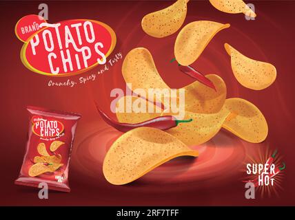Spicy chilli potato chips advertisement, chips with chillies flavor in 3d illustration. Stock Vector
