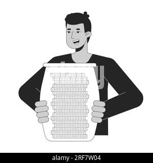 Muslim man holding jar with coins flat line black white vector character Stock Vector